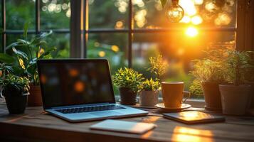 Bright indoor workspace with plants, coffee, and laptop in a sunny setting photo
