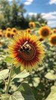 Bumblebee collecting pollen from a vibrant sunflower in a sunny garden photo