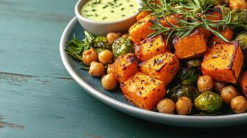 Colorful platter of roasted vegetables and chickpeas with creamy sauce served in a round bowl photo