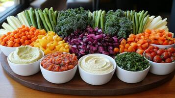 Colorful arrangement of fresh vegetables and dips on a wooden platter for a gathering photo