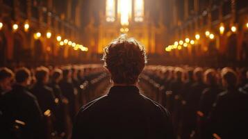 Gathering of individuals in a grand cathedral during an evening ceremony photo