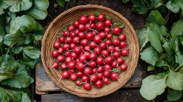 Freshly harvested radishes in a wicker basket with sunlight filtering through leaves photo