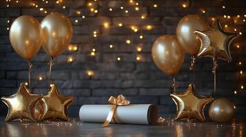 Gold and white balloons set up for a festive celebration with sparkling lights in the background photo