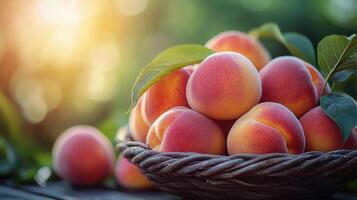 Freshly picked peaches in a woven basket surrounded by lush greenery at sunset photo