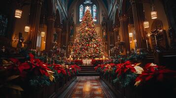 Grand Christmas tree adorned with colorful ornaments in a richly decorated church photo
