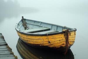 Calm boat resting on tranquil lake surrounded by lush green trees photo
