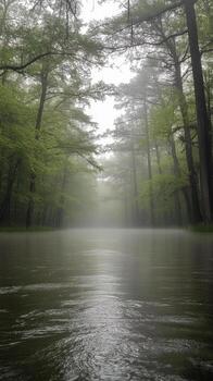 Calm, misty river surrounded by lush greenery in a serene forest setting photo
