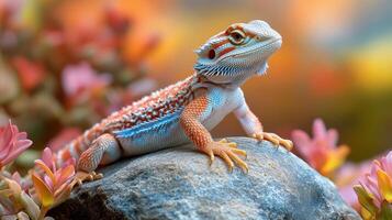 Bearded dragon basking on rock with golden bokeh background during sunny afternoon photo