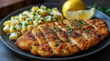 Crispy fried fish served with garlic butter potatoes and fresh lemon slice on a dark plate photo