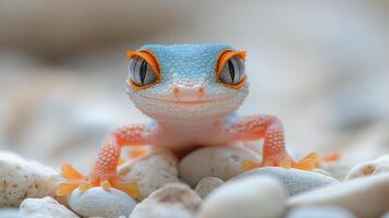 Colorful gecko resting on pebbles during a sunny day photo