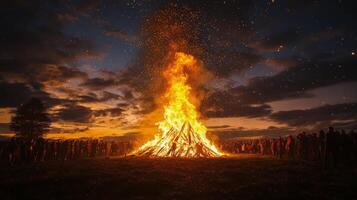 Crowd gathered around a large bonfire during an evening celebration in a natural setting photo