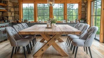 Elegant dining area with wooden table and comfortable chairs in a cozy cabin setting photo