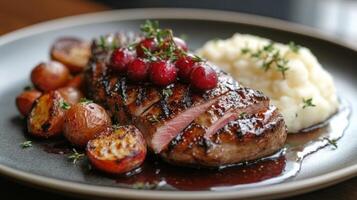 Exquisite plate of seared duck breast with roasted vegetables and creamy mashed potatoes photo