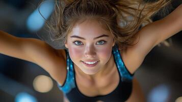 Young athlete performing aerial acrobatics in studio environment during training session photo