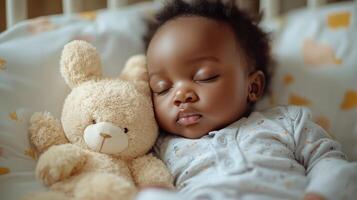 Baby sleeps peacefully next to a soft teddy bear in a cozy nursery setting photo
