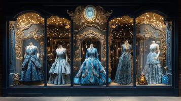Stylish evening dresses displayed in boutique window during nighttime shopping photo