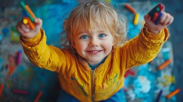 Joyful child playing with crayons in a colorful art space on a bright day photo