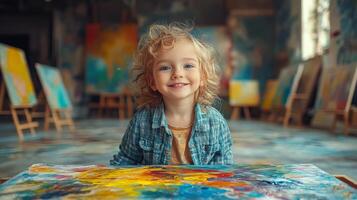 Child artist smiling in colorful studio filled with abstract artworks and vibrant paintings photo