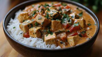 Creamy curry with tofu served over fluffy rice in a rustic bowl photo