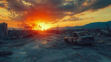 Desolate landscape with ruined buildings under a dramatic sunset in a post-apocalyptic setting photo