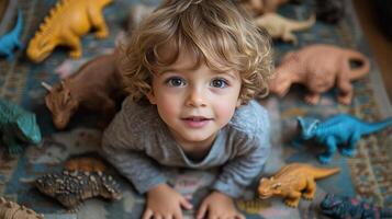 Child playing with colorful dinosaur toys on a rug in a cozy indoor space photo