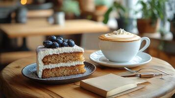 Delicious layers of cake paired with a latte in a cozy cafe setting during afternoon hours photo