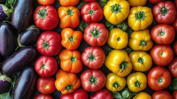 Fresh selection of colorful vegetables at a local market showcasing a variety of peppers and eggplants photo