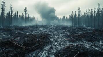 Sunset casts warm glow over burnt forest and reflective puddles in serene landscape photo