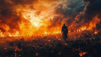 Dramatic fire and smoke erupt from a rugged landscape under ominous clouds photo