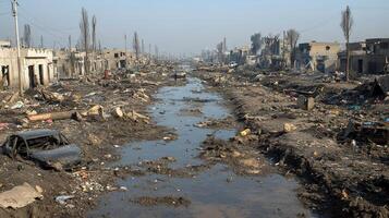 Destruction in an urban landscape with debris and stagnant water in a war-torn area photo