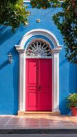 Brightly colored doors enhance a charming urban landscape with vibrant flowers nearby photo