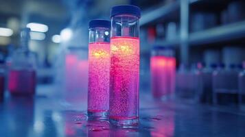 Colorful test tubes filled with liquids in a laboratory setting during the day photo