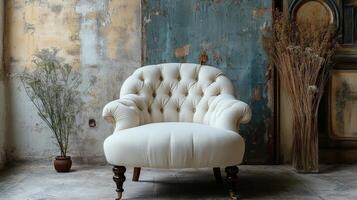 Elegant white tufted armchair in a cozy, well-lit living space featuring soft textures and rich colors photo