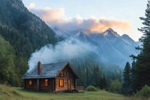 Cozy log cabin in the mountains during early morning hours with smoke rising from the chimney photo