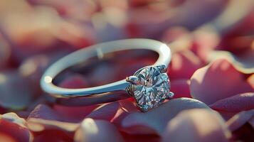 Elegant diamond ring placed on soft pink petals for a romantic display in natural light photo