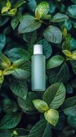 Green bottle surrounded by lush leaves in a natural setting showcasing eco-friendly products photo