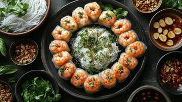 Shrimp spring rolls served with rice noodles and various dipping sauces on a dark table photo