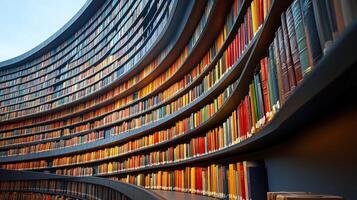 Long corridor lined with shelves filled with colorful books in an old library setting photo