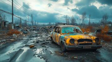 Abandoned street in an overgrown settlement under a cloudy sky photo