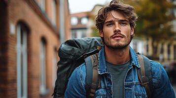 Young man with backpack walking through urban street during autumn afternoon, enjoying travel experience photo