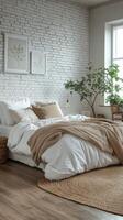 Cozy bedroom with white brick walls and warm textiles in a modern designed space photo