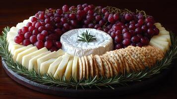 Elegant cheese platter with assorted fruits and crackers for a festive gathering photo