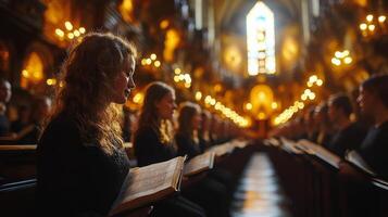 Gathering of individuals in a grand cathedral during an evening ceremony photo