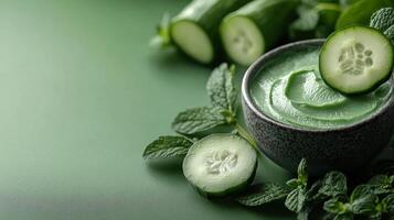 Fresh green herbal powder alongside sliced cucumbers and lemons on a soft green background photo