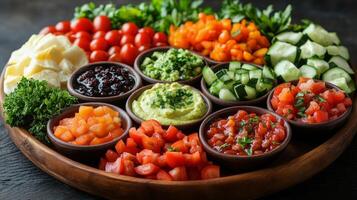 Colorful arrangement of fresh vegetables and dips on a wooden platter for a gathering photo