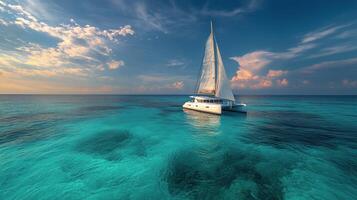 Stunning sailboat navigating turquoise waters near a tropical island with lush greenery photo