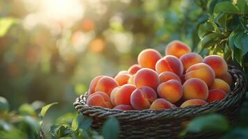 Freshly picked peaches in a woven basket surrounded by lush greenery at sunset photo