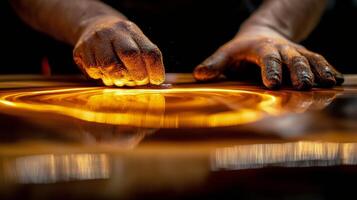 Artist shapes golden liquid creating intricate designs in workshop during vibrant afternoon light photo