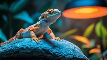 Bearded dragon basking on rock with golden bokeh background during sunny afternoon photo