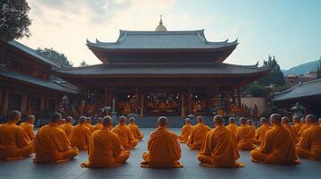 Monks meditate in traditional temple during serene morning at historic Buddhist site photo